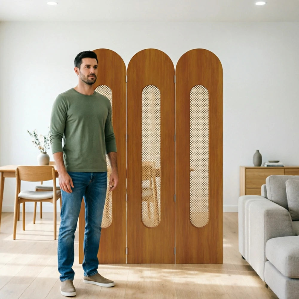 LIVARA 3 Panel Decorative Folding Screen Rattan Cutout Arch Design Room Divider Privacy Partition Modern Natural Style - Brown