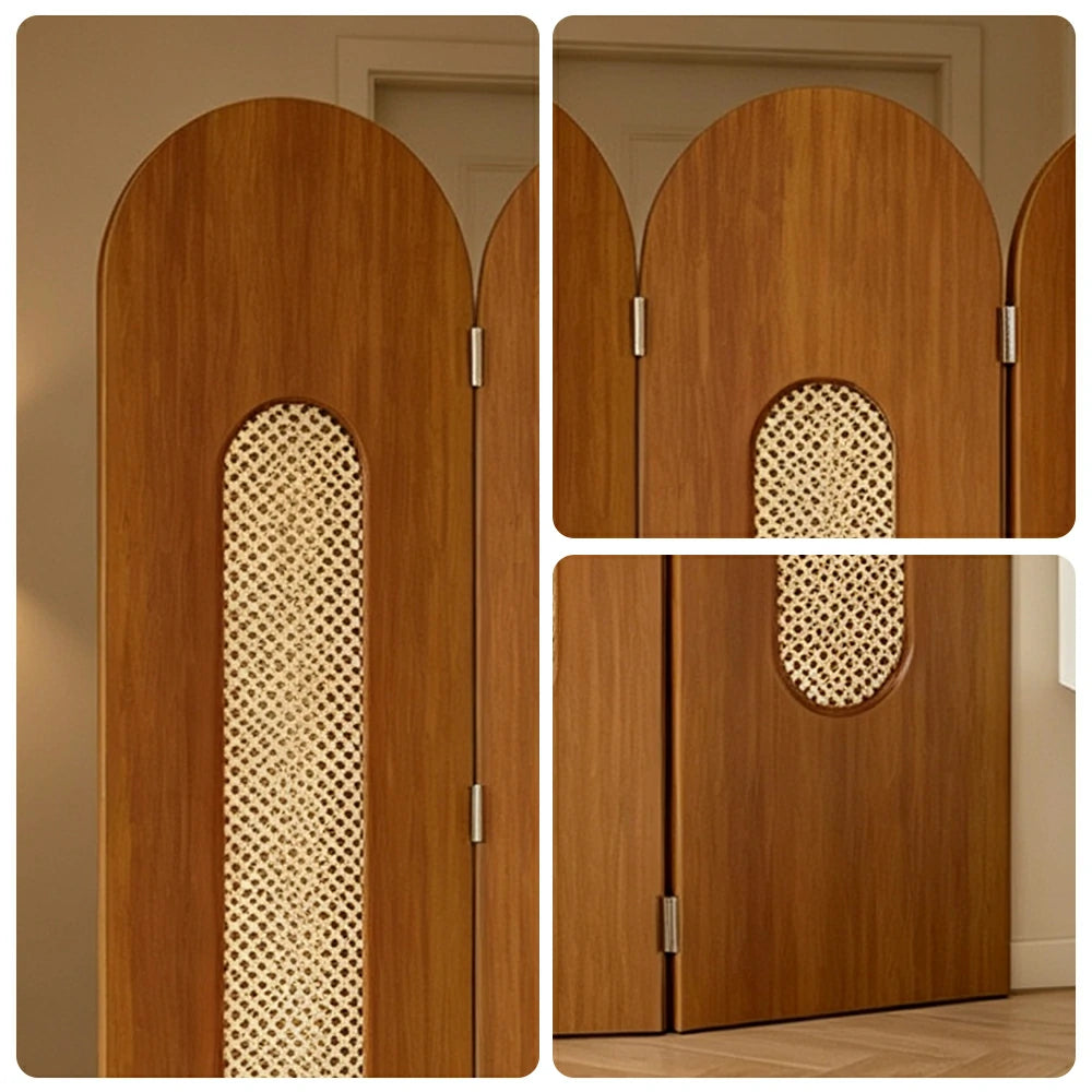 LIVARA 3 Panel Decorative Folding Screen Rattan Cutout Arch Design Room Divider Privacy Partition Modern Natural Style - Brown