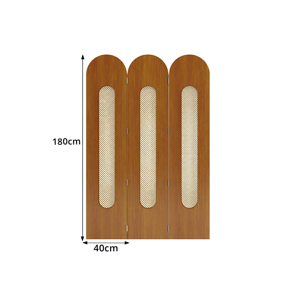 LIVARA 3 Panel Decorative Folding Screen Rattan Cutout Arch Design Room Divider Privacy Partition Modern Natural Style - Brown