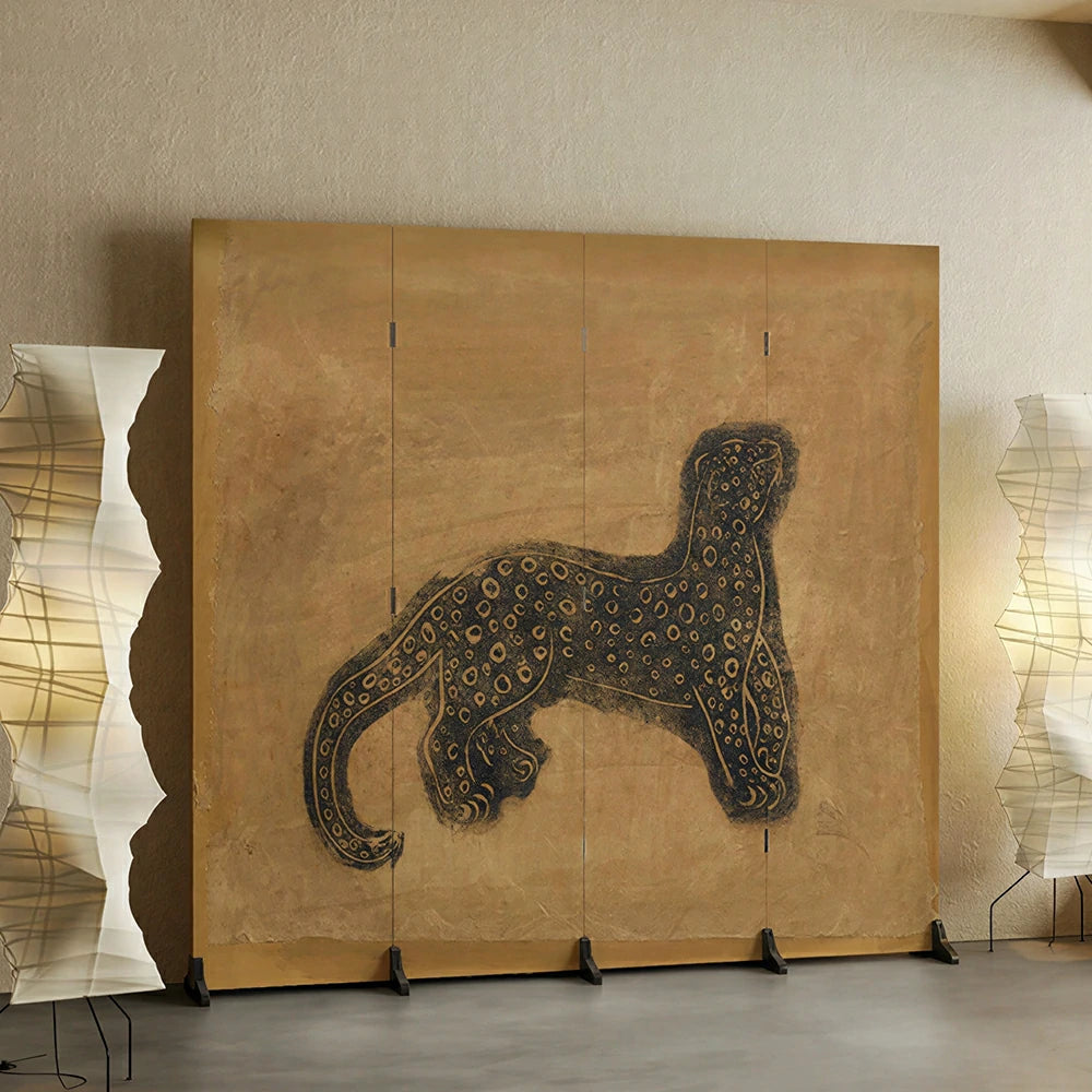 LIVARA 4 Panel Canvas Folding Screen Vintage Artwork Design Solid Wood Frame Room Divider Privacy Partition for Home Cafe - Brown