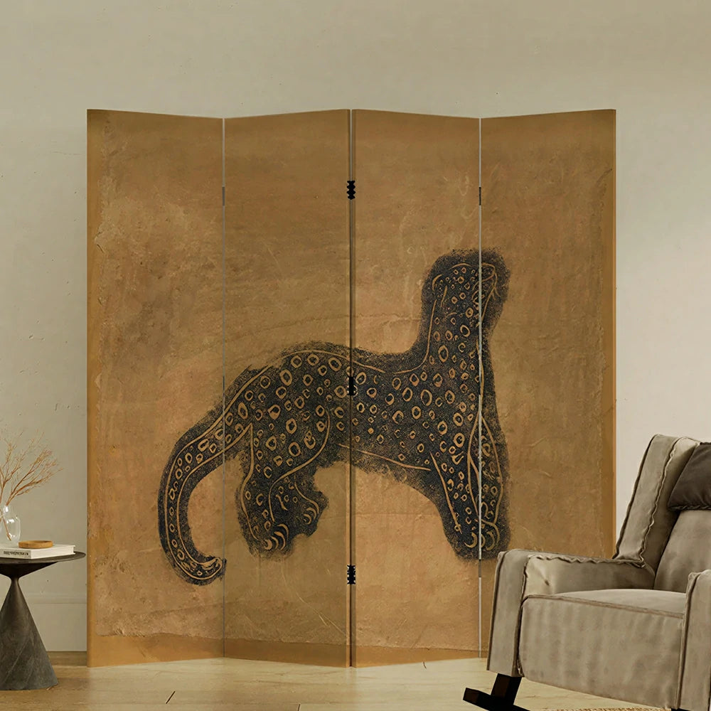 LIVARA 4 Panel Canvas Folding Screen Vintage Artwork Design Solid Wood Frame Room Divider Privacy Partition for Home Cafe - Brown