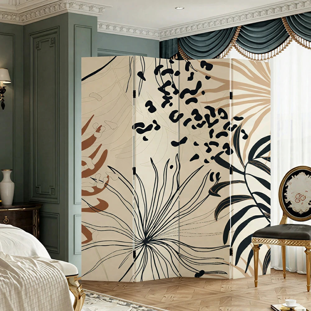 LIVARA 4 Panel Canvas Folding Screen Abstract Botanical Artwork Solid Wood Frame Room Divider Privacy Partition for Living Room - Beige