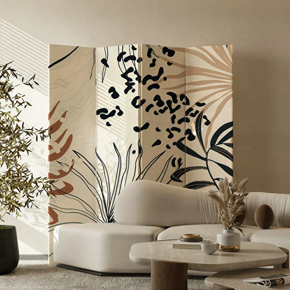 LIVARA 4 Panel Canvas Folding Screen Abstract Botanical Artwork Solid Wood Frame Room Divider Privacy Partition for Living Room - Beige