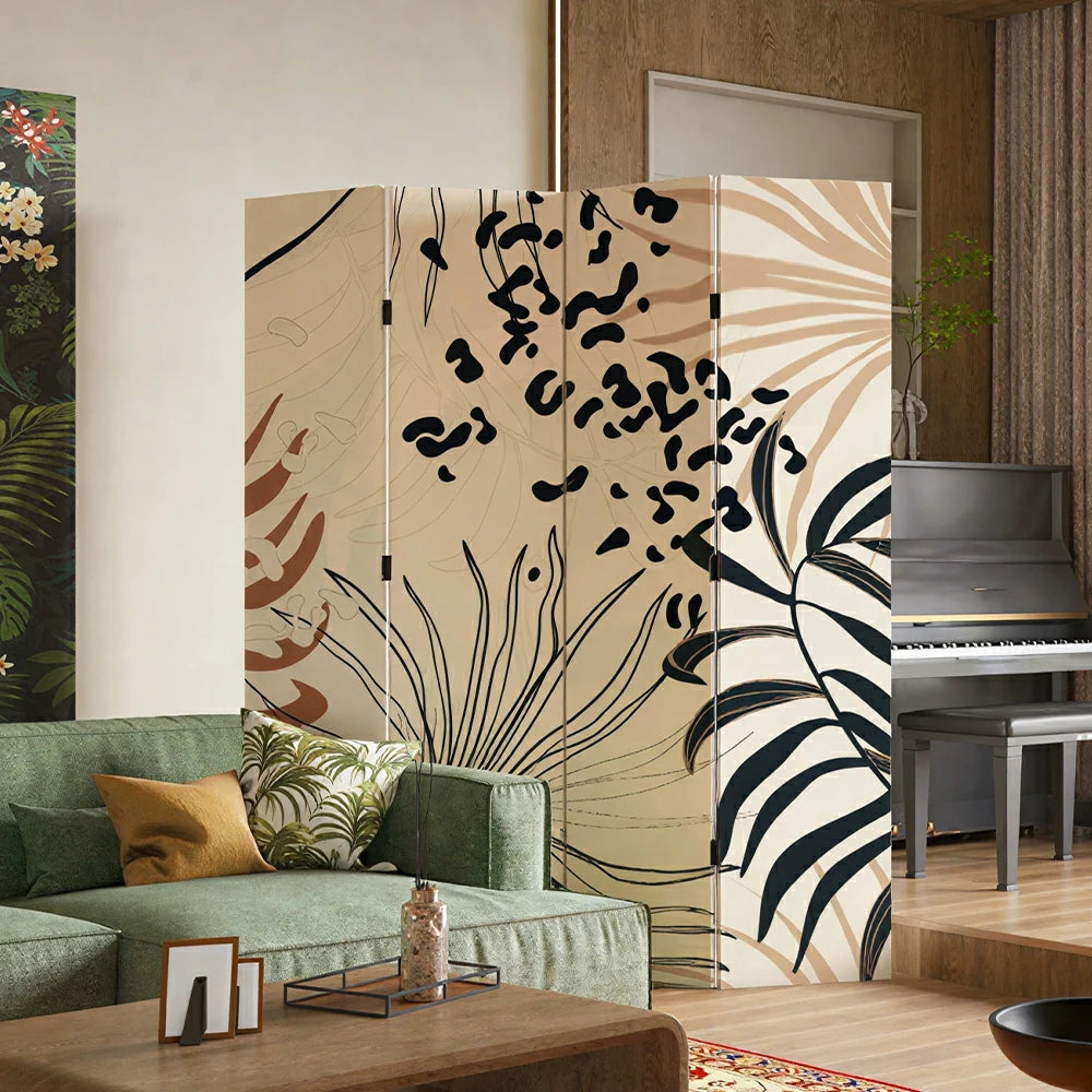 LIVARA 4 Panel Canvas Folding Screen Abstract Botanical Artwork Solid Wood Frame Room Divider Privacy Partition for Living Room - Beige