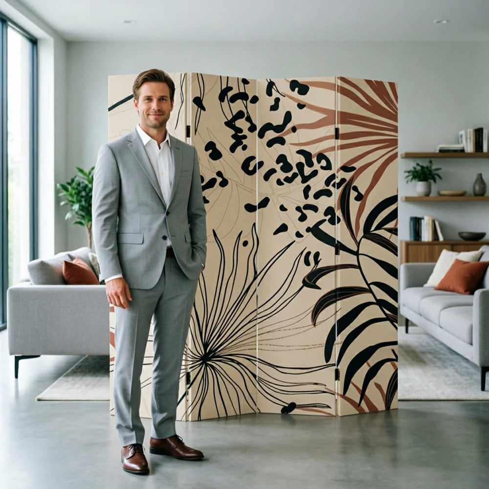 LIVARA 4 Panel Canvas Folding Screen Abstract Botanical Artwork Solid Wood Frame Room Divider Privacy Partition for Living Room - Beige