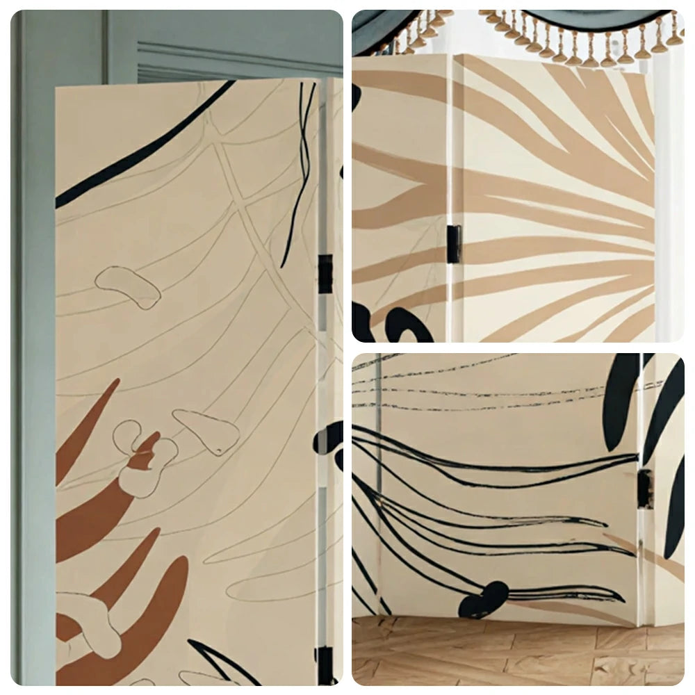 LIVARA 4 Panel Canvas Folding Screen Abstract Botanical Artwork Solid Wood Frame Room Divider Privacy Partition for Living Room - Beige