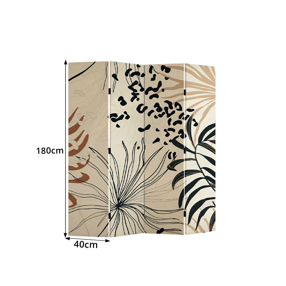 LIVARA 4 Panel Canvas Folding Screen Abstract Botanical Artwork Solid Wood Frame Room Divider Privacy Partition for Living Room - Beige