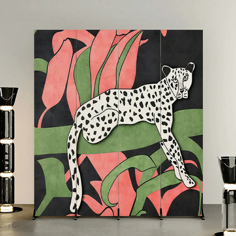 LIVARA 4 Panel Canvas Folding Screen Leopard Artwork Solid Wood Frame Room Divider Privacy Partition for Living Room Bedroom - Multicolour