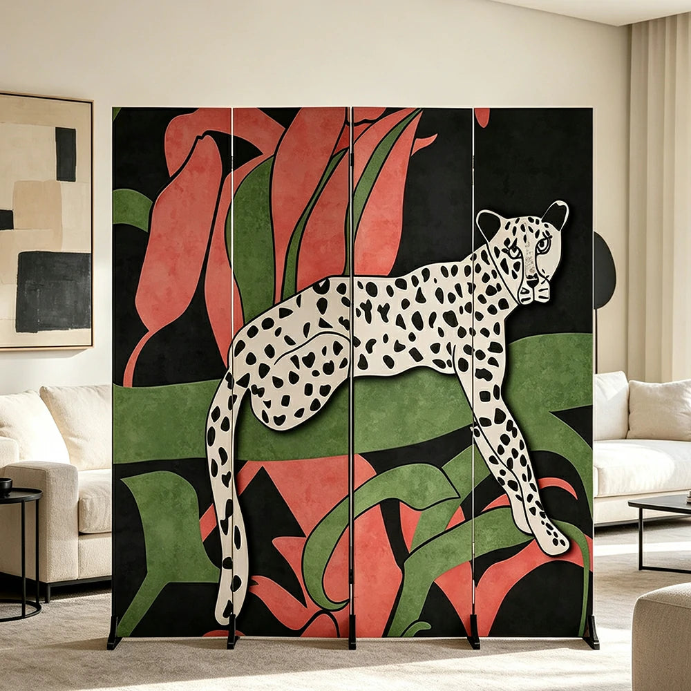 LIVARA 4 Panel Canvas Folding Screen Leopard Artwork Solid Wood Frame Room Divider Privacy Partition for Living Room Bedroom - Multicolour