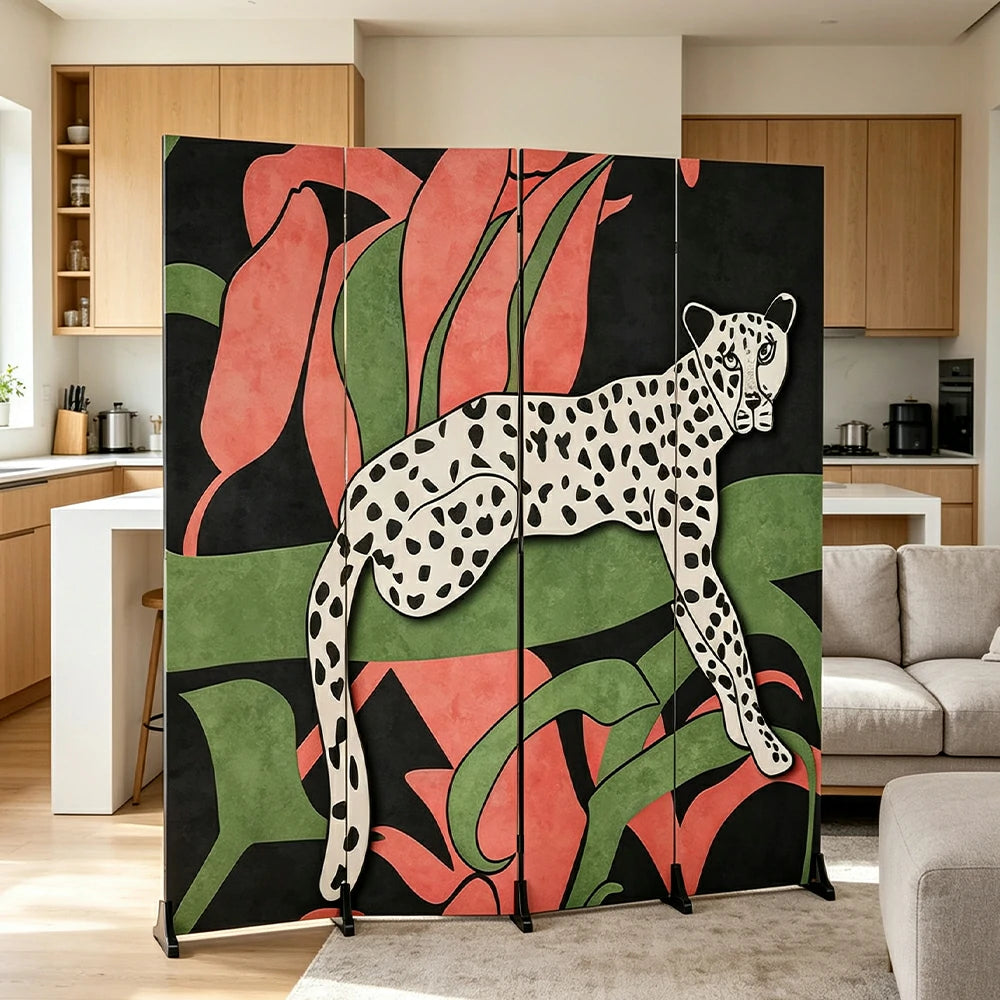 LIVARA 4 Panel Canvas Folding Screen Leopard Artwork Solid Wood Frame Room Divider Privacy Partition for Living Room Bedroom - Multicolour