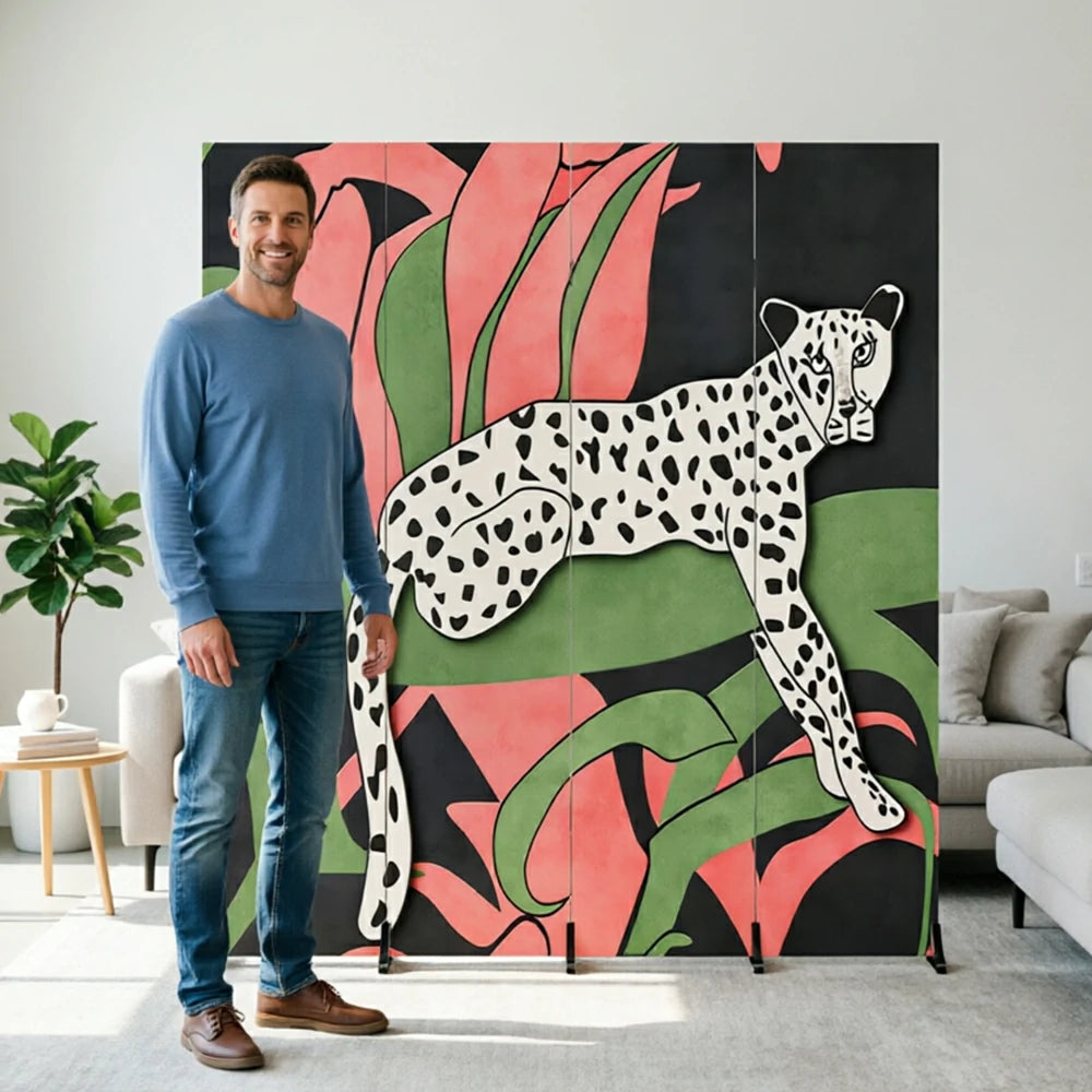 LIVARA 4 Panel Canvas Folding Screen Leopard Artwork Solid Wood Frame Room Divider Privacy Partition for Living Room Bedroom - Multicolour