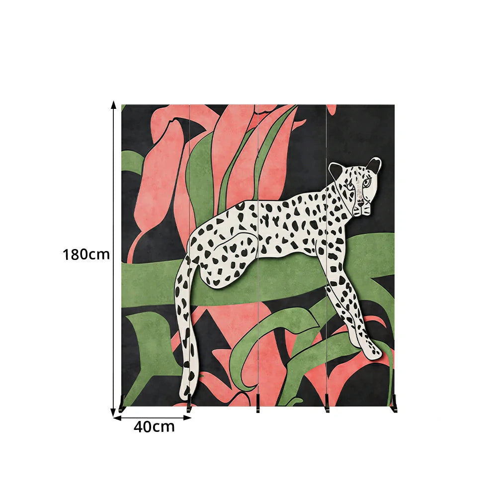 LIVARA 4 Panel Canvas Folding Screen Leopard Artwork Solid Wood Frame Room Divider Privacy Partition for Living Room Bedroom - Multicolour