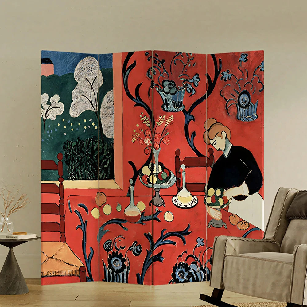 LIVARA 4 Panel Canvas Folding Screen Leopard Artwork Solid Wood Frame Room Divider Privacy Partition for Living Room Bedroom - Red