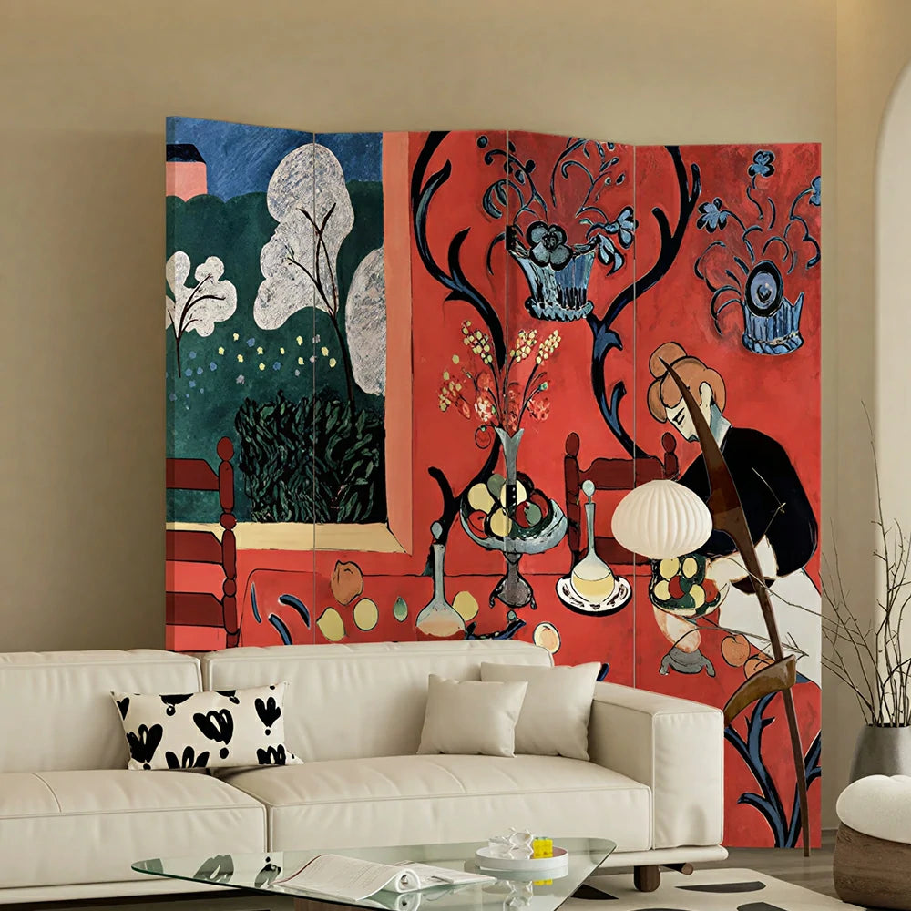 LIVARA 4 Panel Canvas Folding Screen Leopard Artwork Solid Wood Frame Room Divider Privacy Partition for Living Room Bedroom - Red