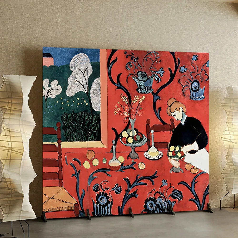 LIVARA 4 Panel Canvas Folding Screen Leopard Artwork Solid Wood Frame Room Divider Privacy Partition for Living Room Bedroom - Red