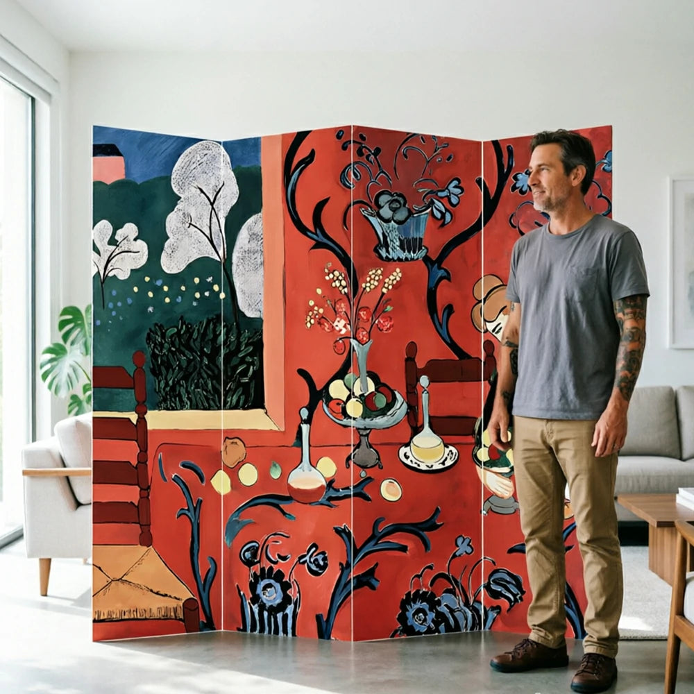 LIVARA 4 Panel Canvas Folding Screen Leopard Artwork Solid Wood Frame Room Divider Privacy Partition for Living Room Bedroom - Red