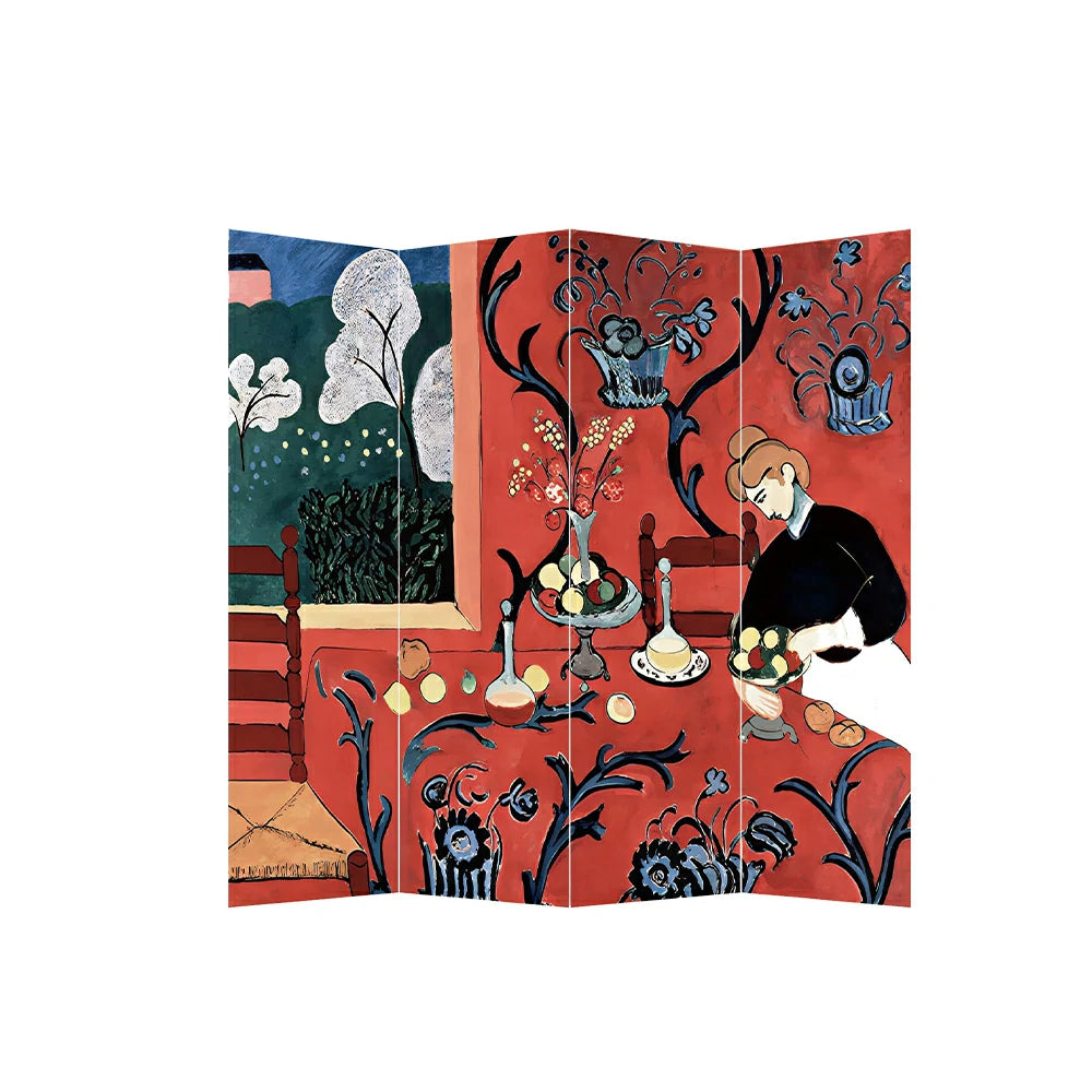 LIVARA 4 Panel Canvas Folding Screen Leopard Artwork Solid Wood Frame Room Divider Privacy Partition for Living Room Bedroom - Red