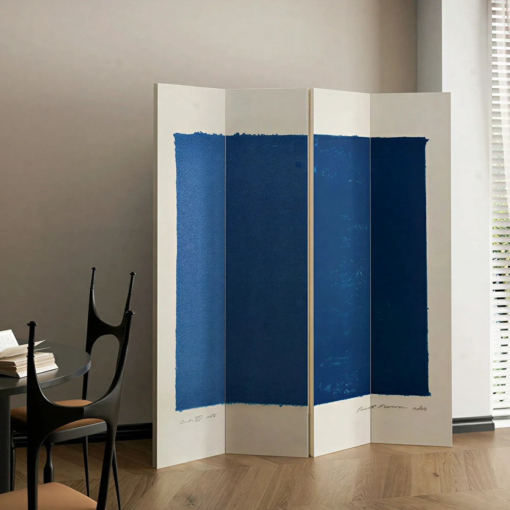 LIVARA 4 Panel Canvas Folding Screen Abstract Blue Artwork Solid Wood Frame Room Divider Privacy Partition for Living Room Bedroom - Blue