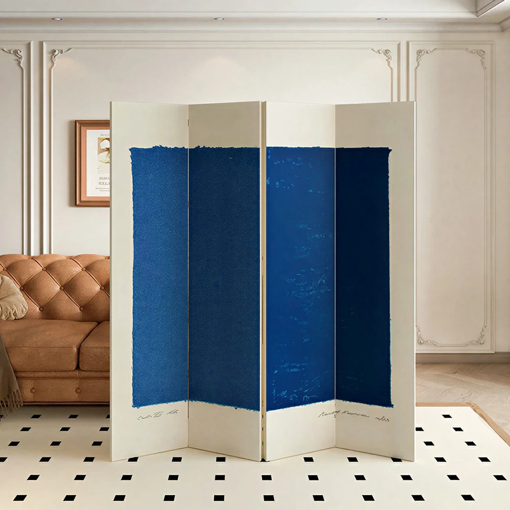 LIVARA 4 Panel Canvas Folding Screen Abstract Blue Artwork Solid Wood Frame Room Divider Privacy Partition for Living Room Bedroom - Blue