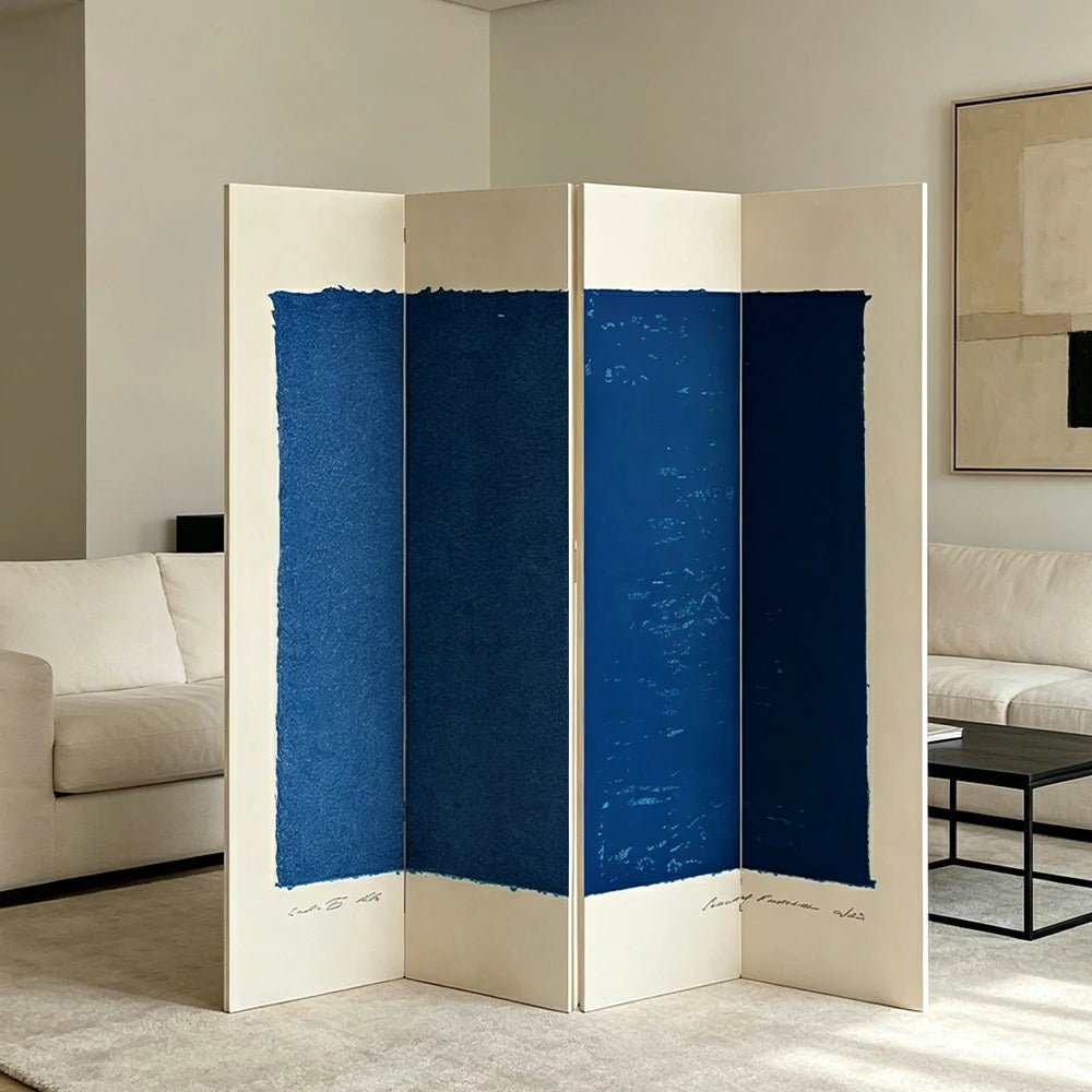 LIVARA 4 Panel Canvas Folding Screen Abstract Blue Artwork Solid Wood Frame Room Divider Privacy Partition for Living Room Bedroom - Blue