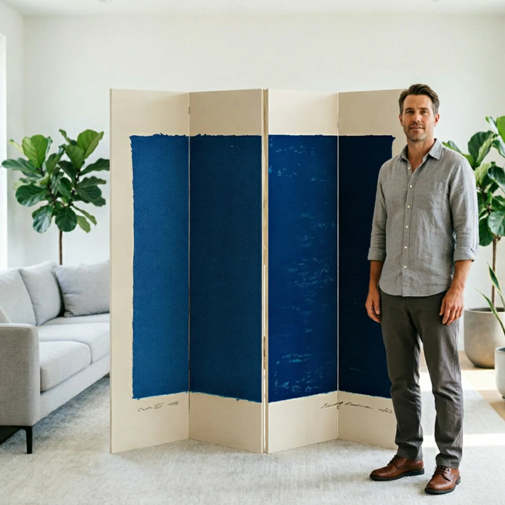 LIVARA 4 Panel Canvas Folding Screen Abstract Blue Artwork Solid Wood Frame Room Divider Privacy Partition for Living Room Bedroom - Blue