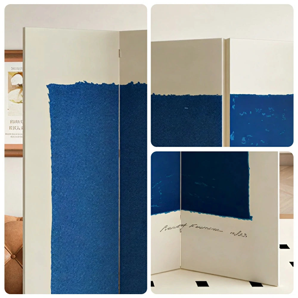 LIVARA 4 Panel Canvas Folding Screen Abstract Blue Artwork Solid Wood Frame Room Divider Privacy Partition for Living Room Bedroom - Blue