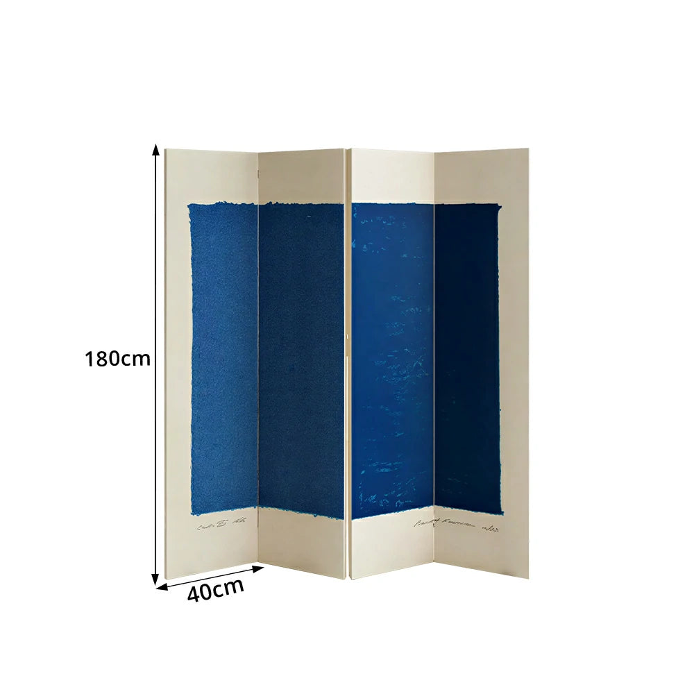 LIVARA 4 Panel Canvas Folding Screen Abstract Blue Artwork Solid Wood Frame Room Divider Privacy Partition for Living Room Bedroom - Blue