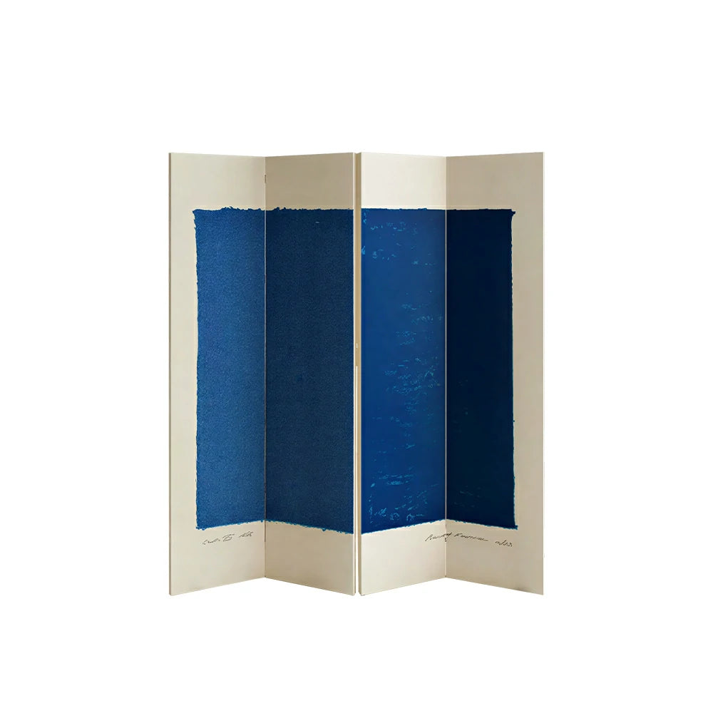 LIVARA 4 Panel Canvas Folding Screen Abstract Blue Artwork Solid Wood Frame Room Divider Privacy Partition for Living Room Bedroom - Blue