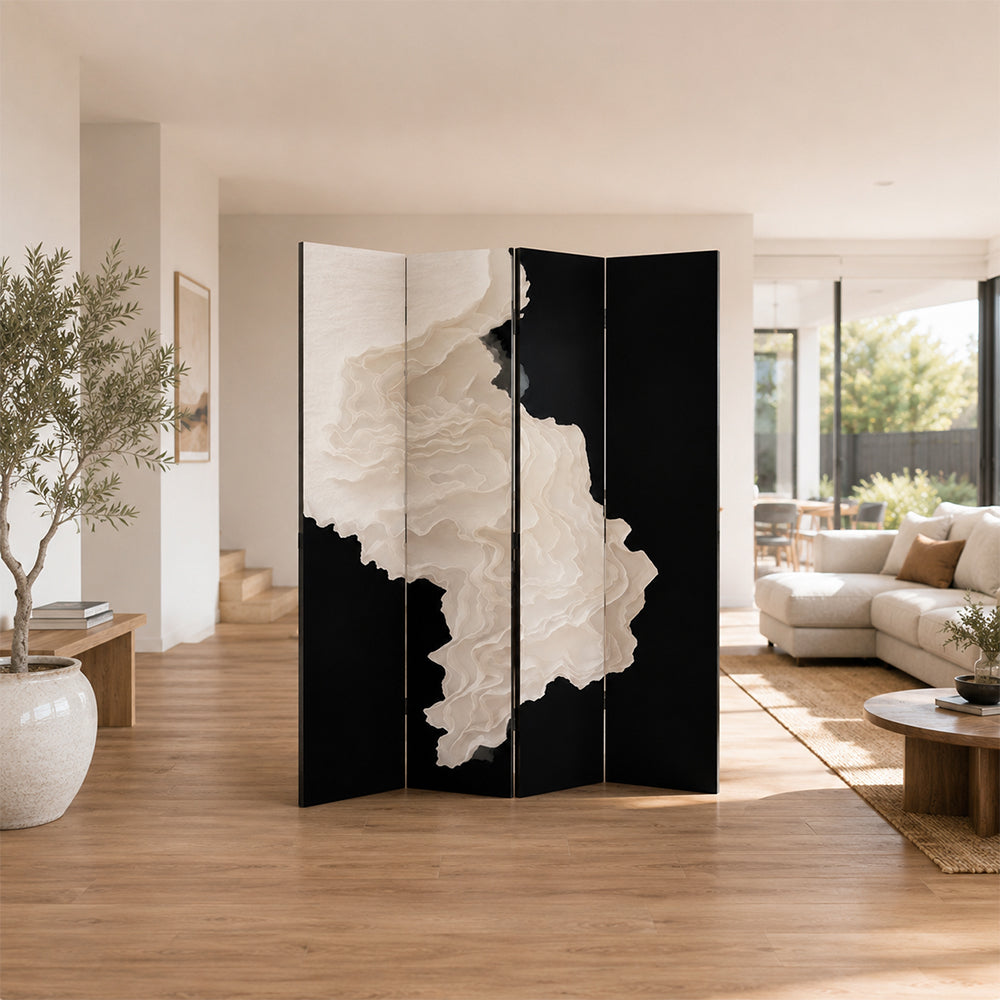 LIVARA 4 Panel Decorative Folding Screen Abstract Ink Art Design Room Divider Privacy Partition Modern Style for Living Room Bedroom - Black & White