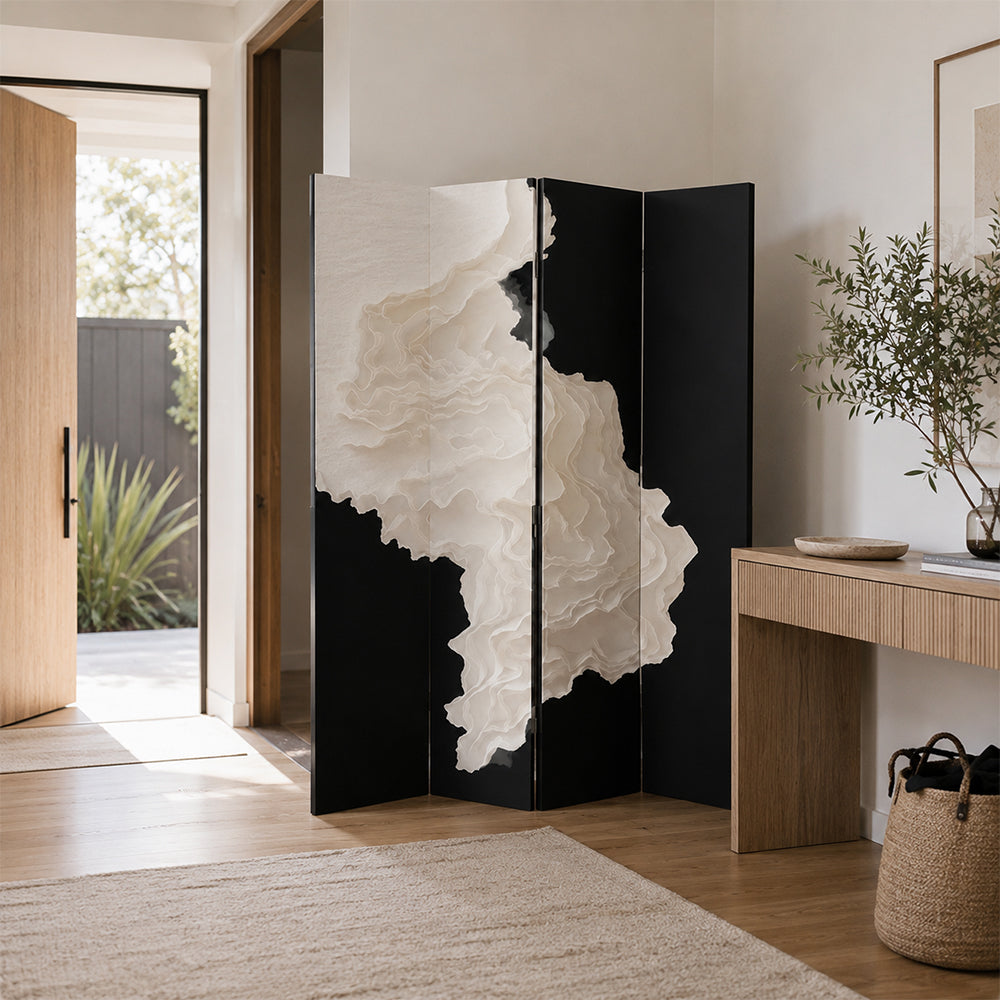LIVARA 4 Panel Decorative Folding Screen Abstract Ink Art Design Room Divider Privacy Partition Modern Style for Living Room Bedroom - Black & White