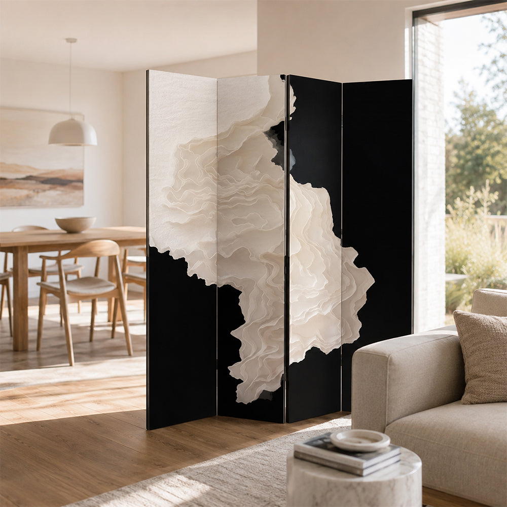 LIVARA 4 Panel Decorative Folding Screen Abstract Ink Art Design Room Divider Privacy Partition Modern Style for Living Room Bedroom - Black & White