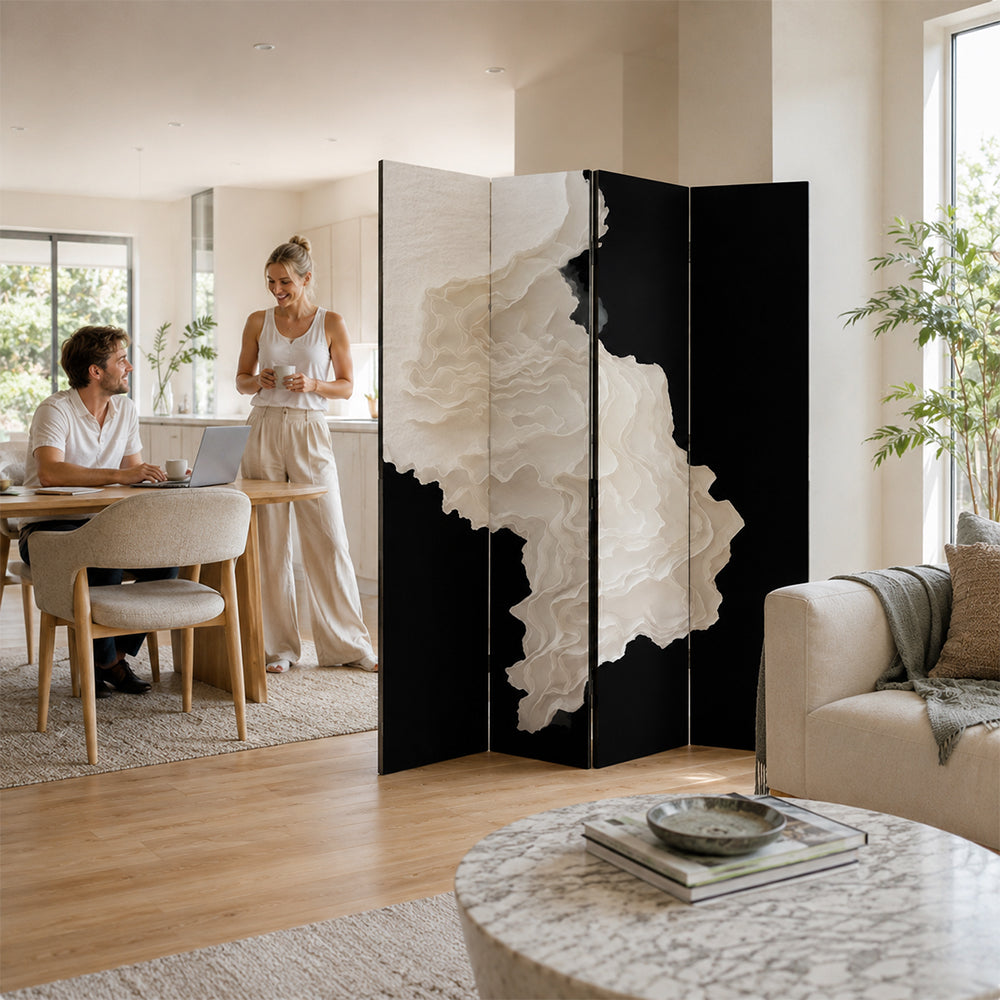 LIVARA 4 Panel Decorative Folding Screen Abstract Ink Art Design Room Divider Privacy Partition Modern Style for Living Room Bedroom - Black & White