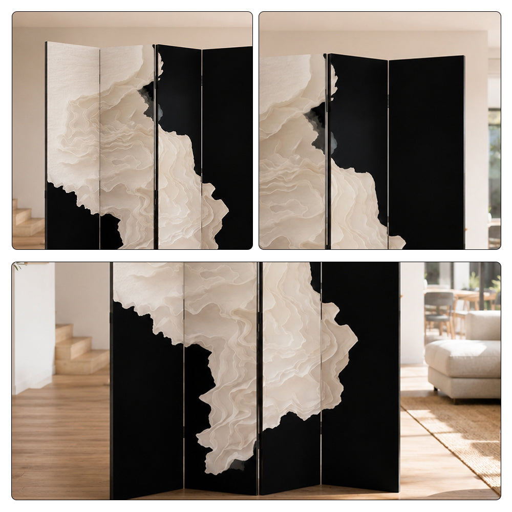 LIVARA 4 Panel Decorative Folding Screen Abstract Ink Art Design Room Divider Privacy Partition Modern Style for Living Room Bedroom - Black & White