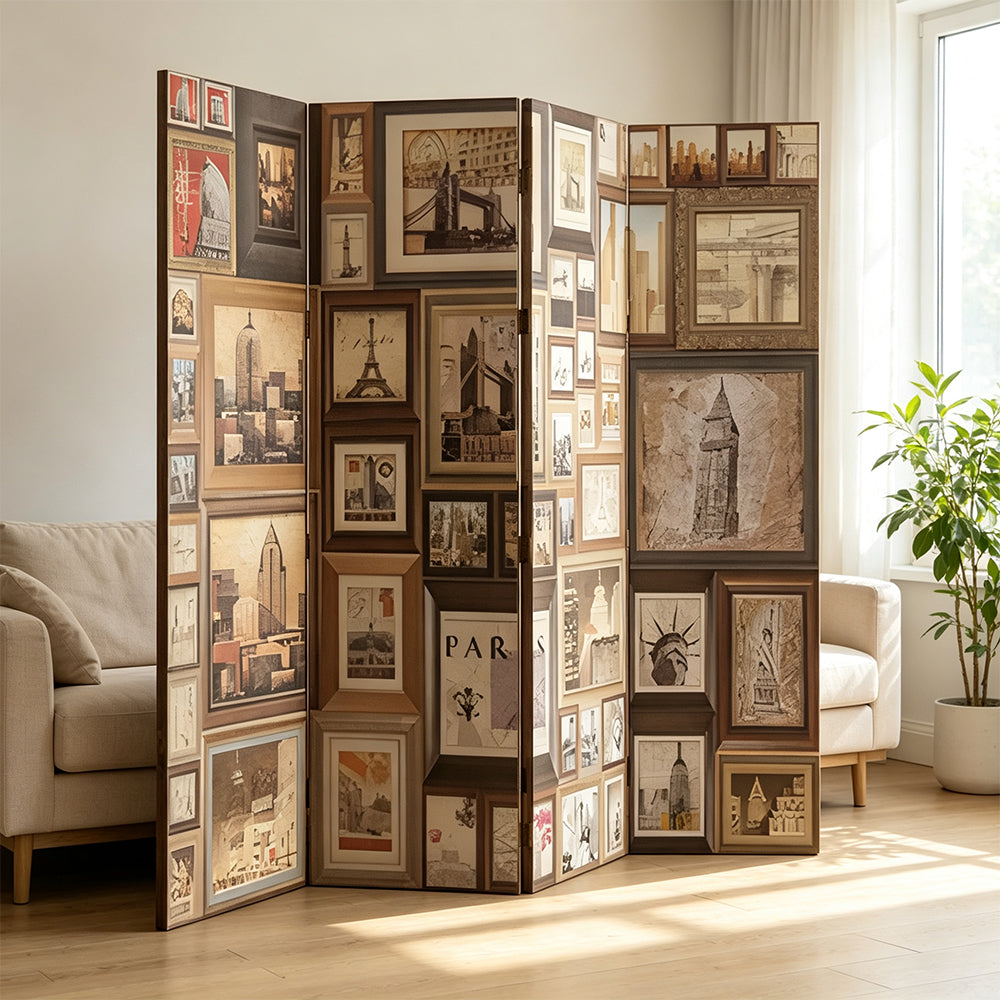 LIVARA 4 Panel Decorative Folding Screen Vintage Gallery Artwork Design Room Divider Privacy Partition for Living Room Bedroom - Brown