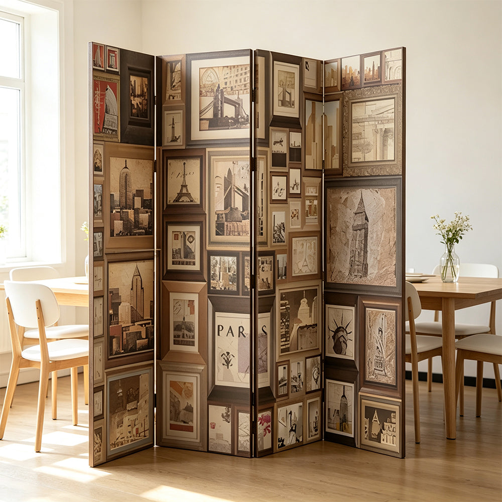 LIVARA 4 Panel Decorative Folding Screen Vintage Gallery Artwork Design Room Divider Privacy Partition for Living Room Bedroom - Brown