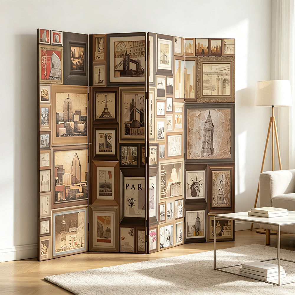 LIVARA 4 Panel Decorative Folding Screen Vintage Gallery Artwork Design Room Divider Privacy Partition for Living Room Bedroom - Brown