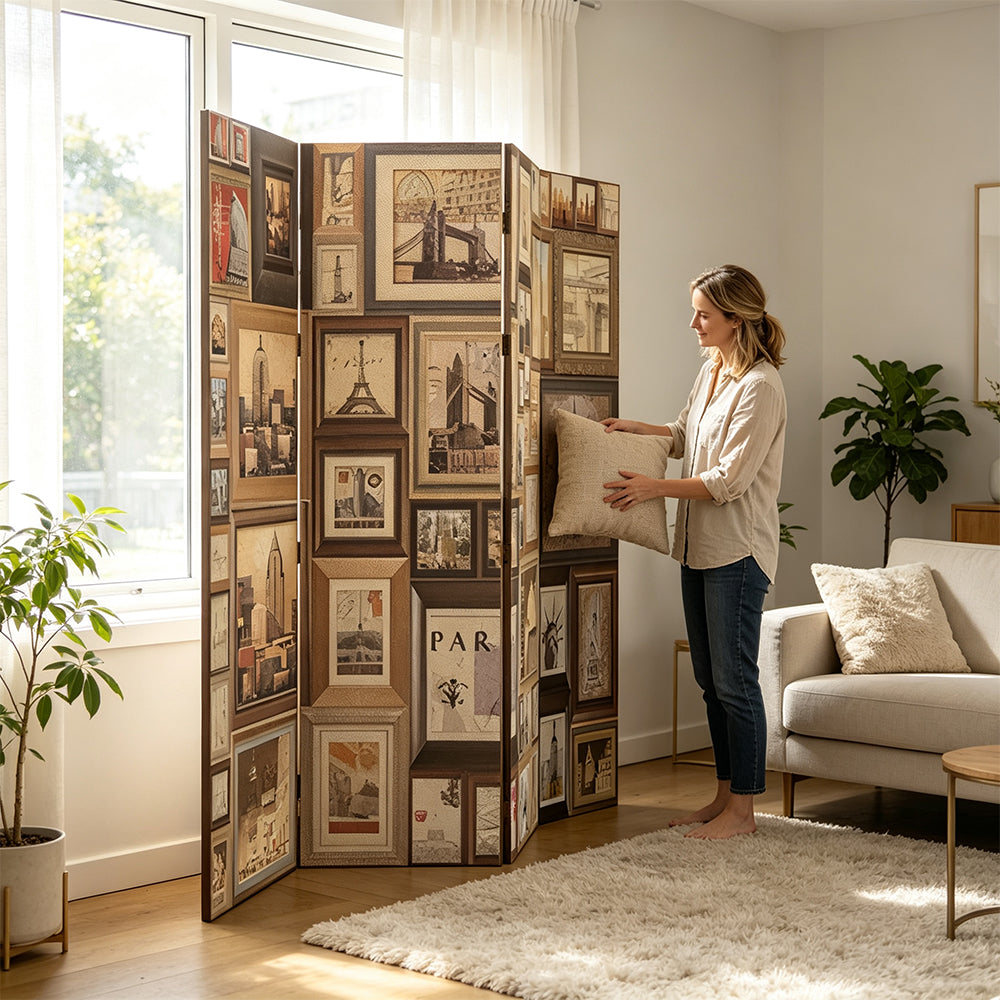 LIVARA 4 Panel Decorative Folding Screen Vintage Gallery Artwork Design Room Divider Privacy Partition for Living Room Bedroom - Brown