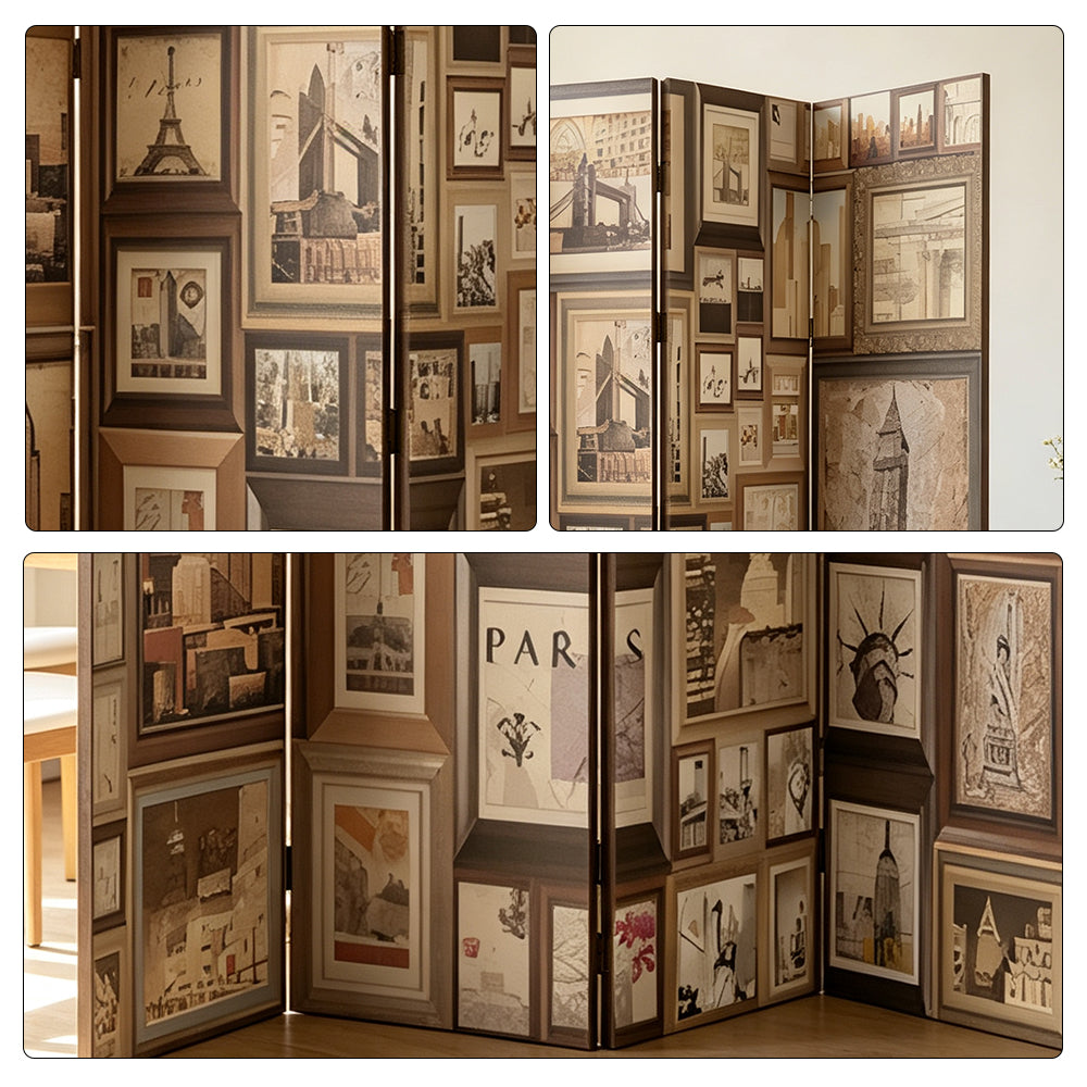 LIVARA 4 Panel Decorative Folding Screen Vintage Gallery Artwork Design Room Divider Privacy Partition for Living Room Bedroom - Brown