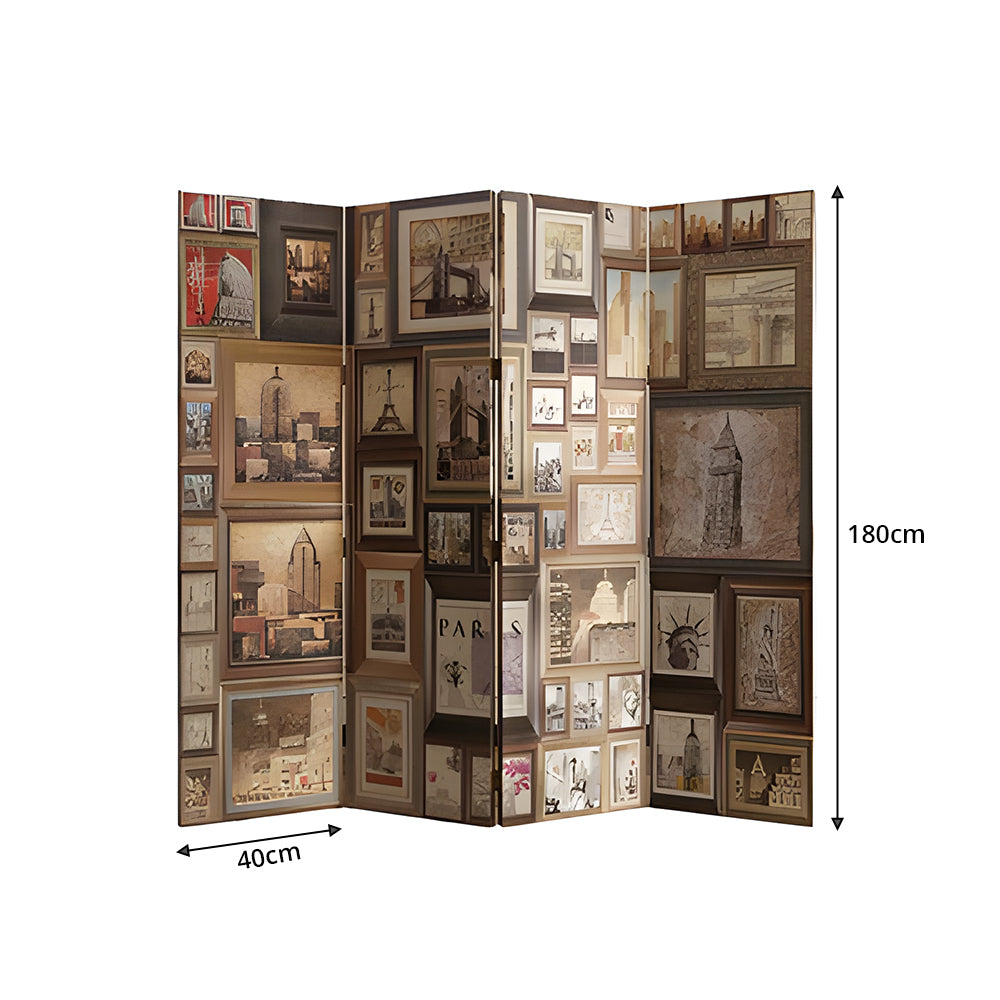 LIVARA 4 Panel Decorative Folding Screen Vintage Gallery Artwork Design Room Divider Privacy Partition for Living Room Bedroom - Brown