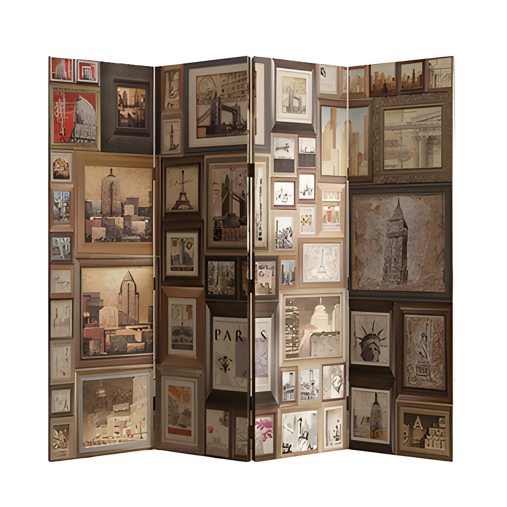 LIVARA 4 Panel Decorative Folding Screen Vintage Gallery Artwork Design Room Divider Privacy Partition for Living Room Bedroom - Brown