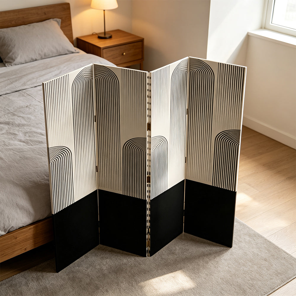 LIVARA 4 Panel Canvas Folding Screen Abstract Geometric Design Privacy Room Divider Modern Art Partition for Living Room Bedroom - Black & White