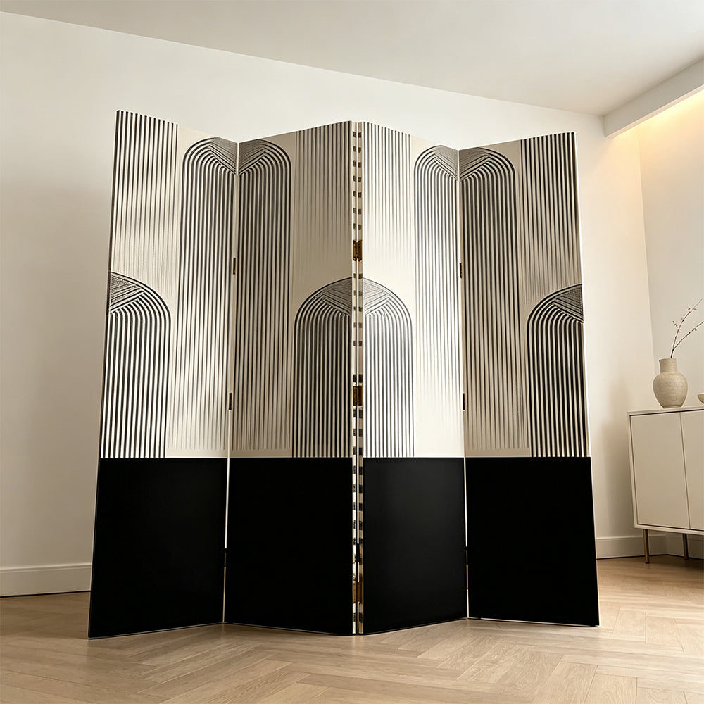 LIVARA 4 Panel Canvas Folding Screen Abstract Geometric Design Privacy Room Divider Modern Art Partition for Living Room Bedroom - Black & White