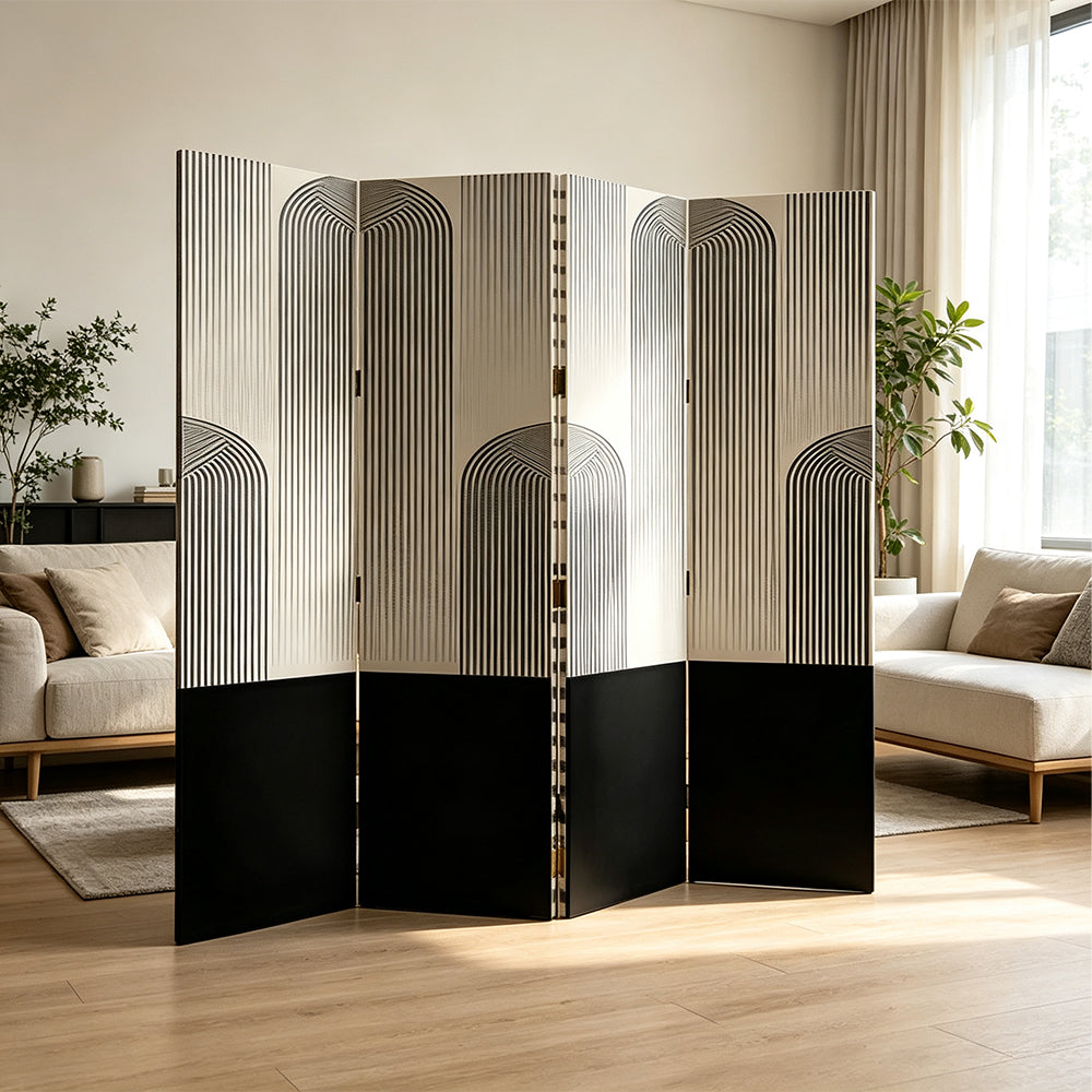 LIVARA 4 Panel Canvas Folding Screen Abstract Geometric Design Privacy Room Divider Modern Art Partition for Living Room Bedroom - Black & White