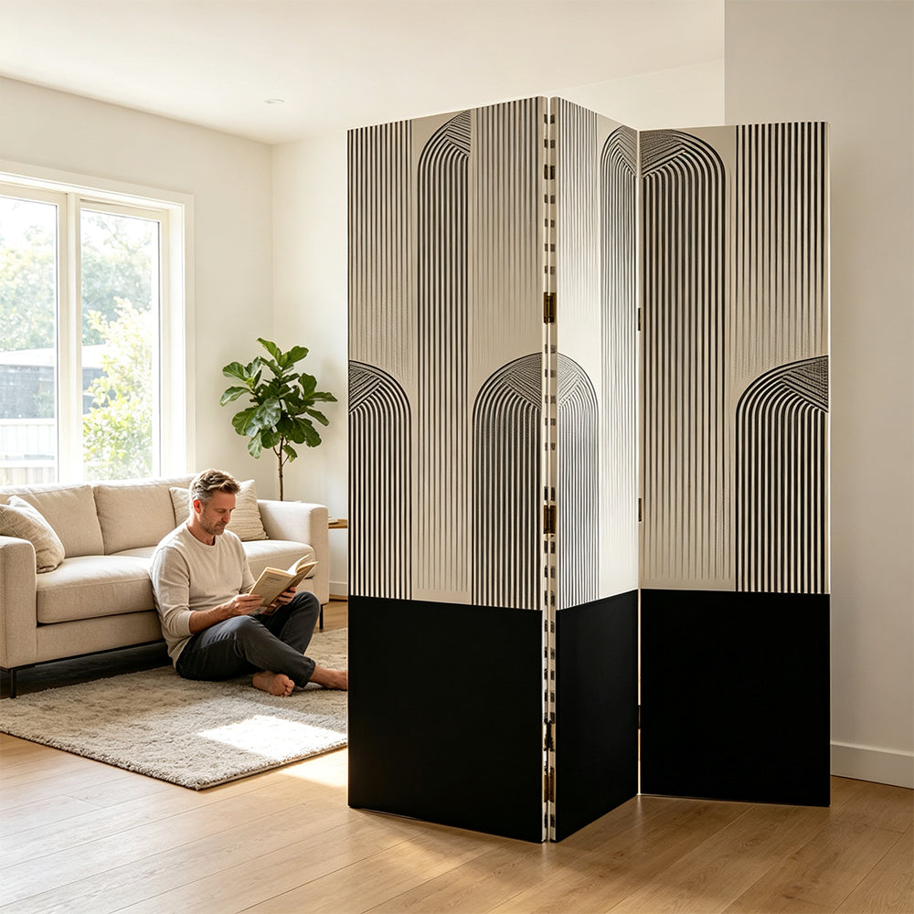 LIVARA 4 Panel Canvas Folding Screen Abstract Geometric Design Privacy Room Divider Modern Art Partition for Living Room Bedroom - Black & White