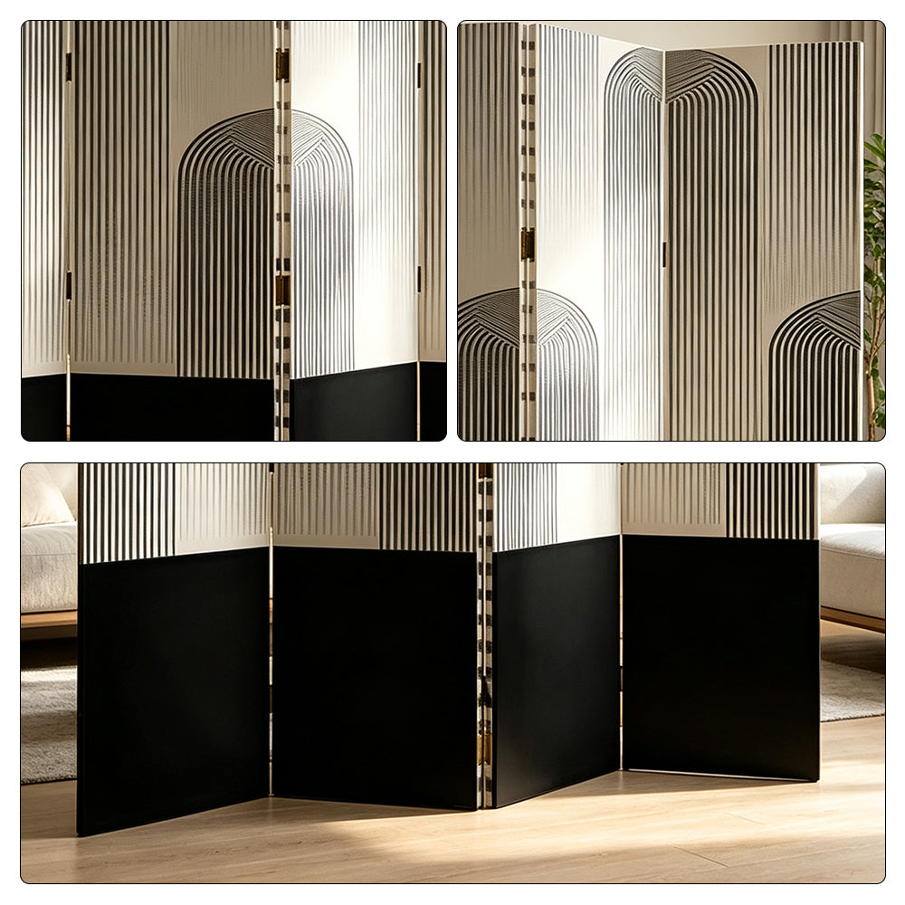 LIVARA 4 Panel Canvas Folding Screen Abstract Geometric Design Privacy Room Divider Modern Art Partition for Living Room Bedroom - Black & White