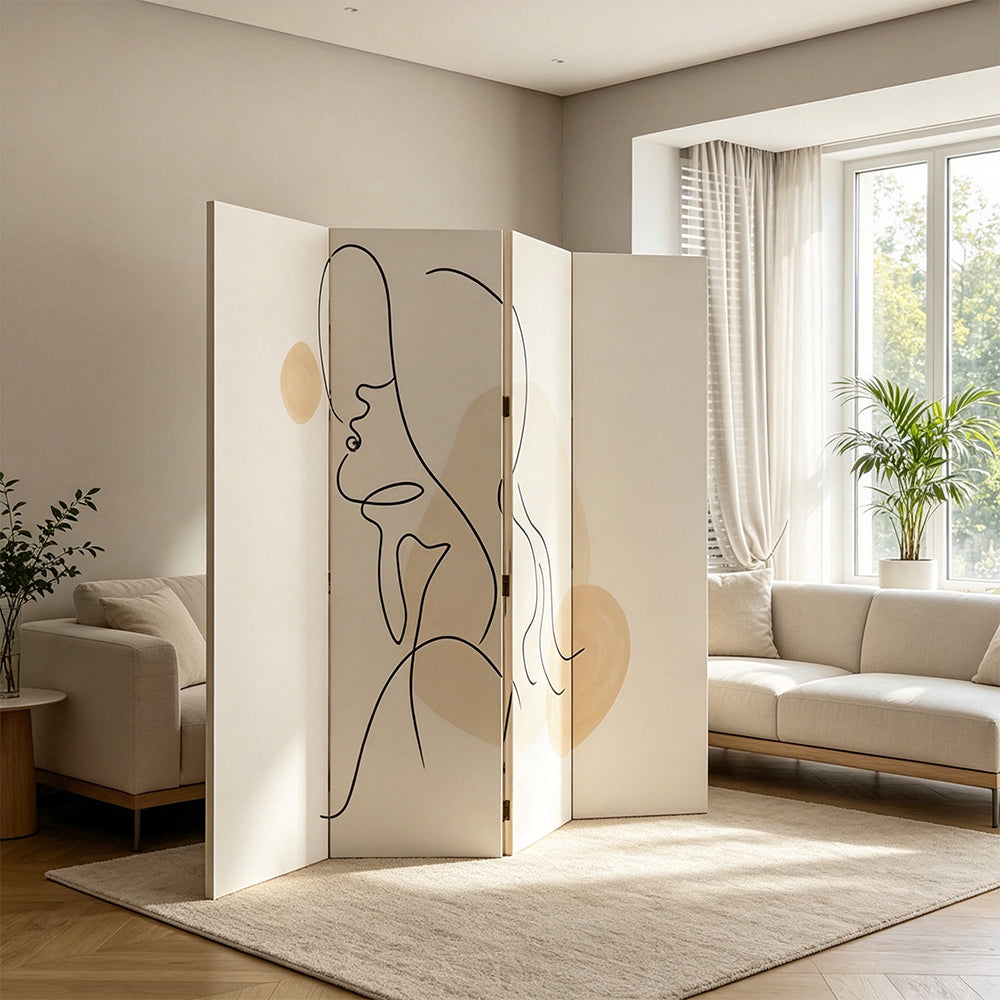 LIVARA 4 Panel Decorative Folding Screen Abstract Line Art Design Room Divider Privacy Partition Modern Style for Living Room Bedroom - Cream White