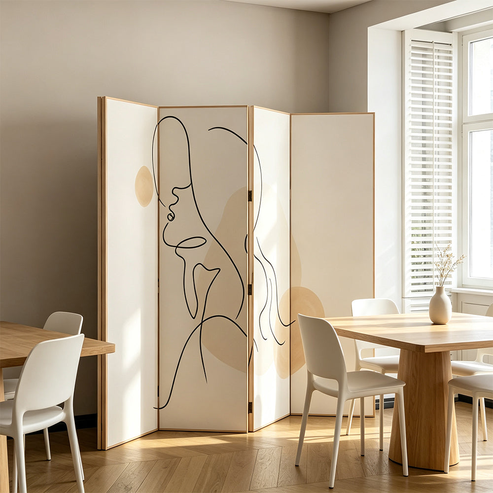 LIVARA 4 Panel Decorative Folding Screen Abstract Line Art Design Room Divider Privacy Partition Modern Style for Living Room Bedroom - Cream White