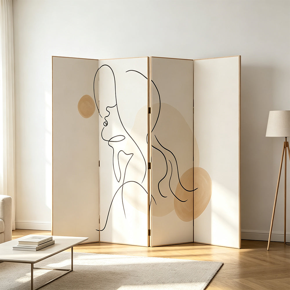 LIVARA 4 Panel Decorative Folding Screen Abstract Line Art Design Room Divider Privacy Partition Modern Style for Living Room Bedroom - Cream White