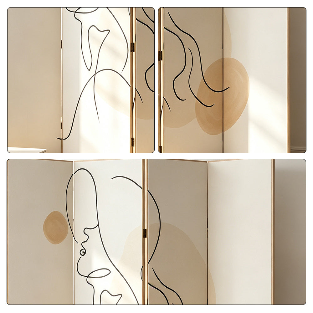 LIVARA 4 Panel Decorative Folding Screen Abstract Line Art Design Room Divider Privacy Partition Modern Style for Living Room Bedroom - Cream White
