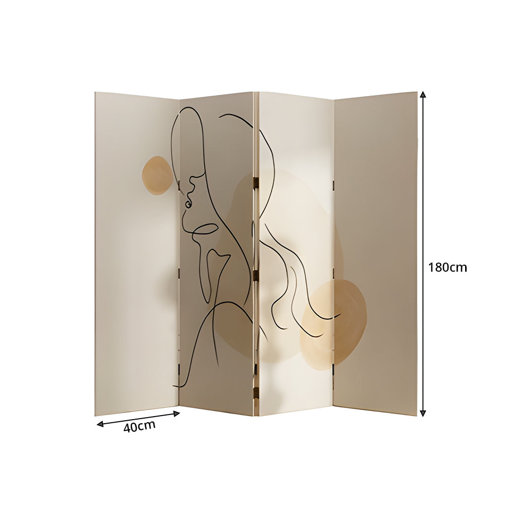 LIVARA 4 Panel Decorative Folding Screen Abstract Line Art Design Room Divider Privacy Partition Modern Style for Living Room Bedroom - Cream White